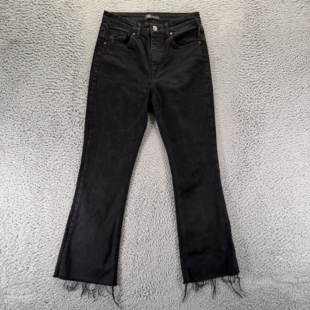 Zara Jean Women's 6 Black Cotton Denim Flared Leg Streetwear Raw-Hem Stretch